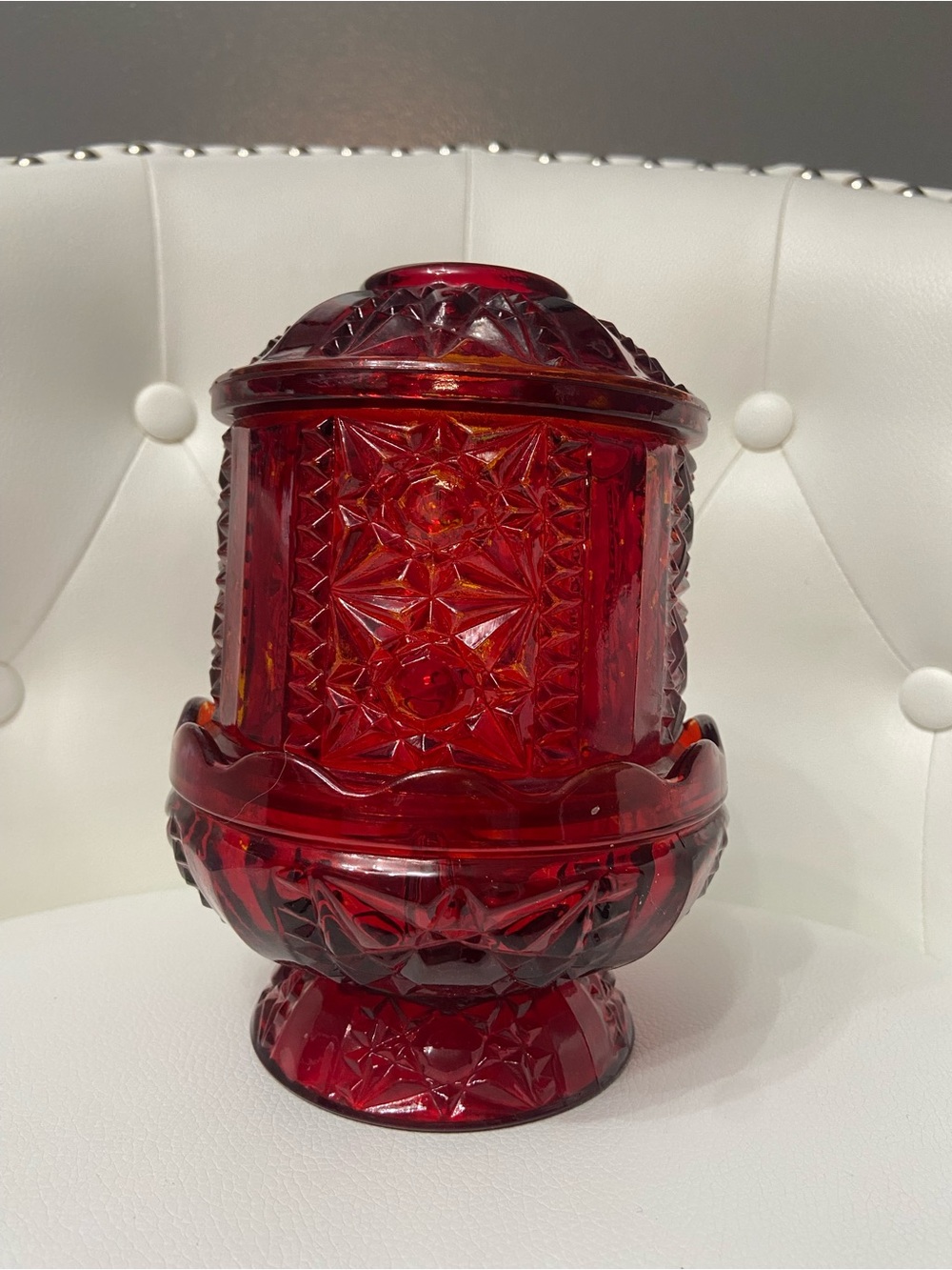 Vintage INDIANA GLASS Fairy Lamp Ruby Flash Red over Amber STARS & BARS - Picture 5 of 17